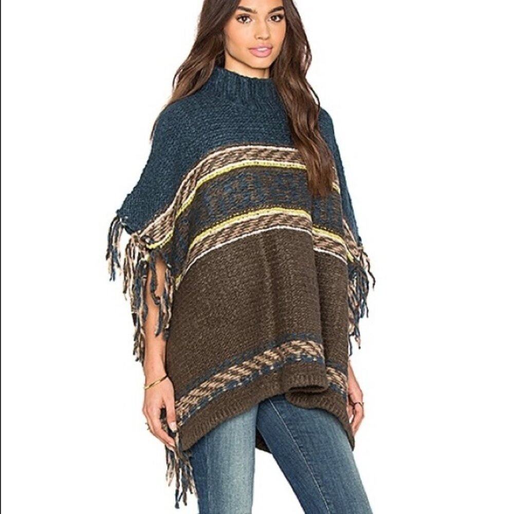 Free People Blue Brown Green Labyrinth Wool Poncho Size XS/S